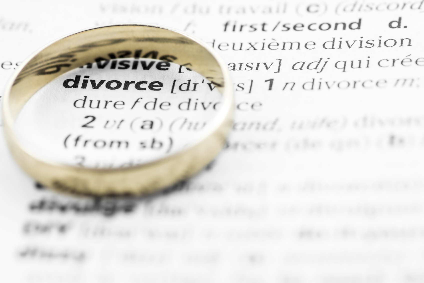 Divorce definition text with gold wedding ring concept